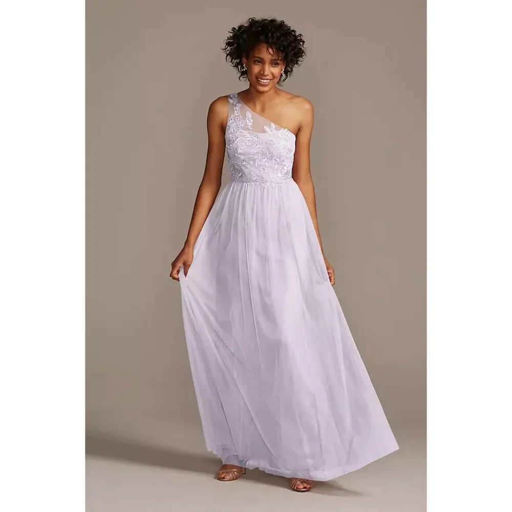 Davids Bridal Lavender One-Shoulder Embroidered Prom Bridesmaid Dress Gown - Picture 14 of 16